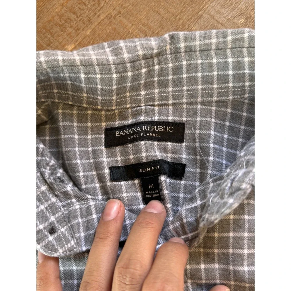 Banana Republic Luxe Flannel Shirt Mens Medium Slim‎ Fit Grey Windowpane Check